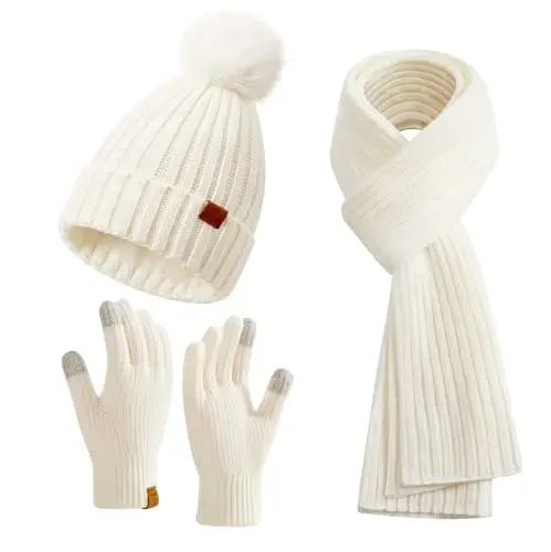 Coolprince Womens Long Scarf Gloves and Hat Set Cold Weather Hat Scarf Glove Set for Women Winter Beanie Hats with Pom Pom 