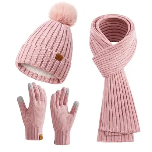 Coolprince Womens Long Scarf Gloves and Hat Set Cold Weather Hat Scarf Glove Set for Women Winter Beanie Hats with Pom Pom - 1