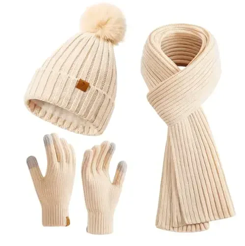 Coolprince Womens Long Scarf Gloves and Hat Set Cold Weather Hat Scarf Glove Set for Women Winter Beanie Hats with Pom Pom 