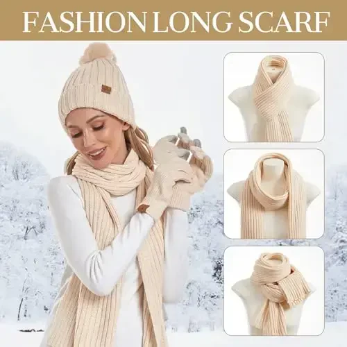 Coolprince Womens Long Scarf Gloves and Hat Set Cold Weather Hat Scarf Glove Set for Women Winter Beanie Hats with Pom Pom - 4