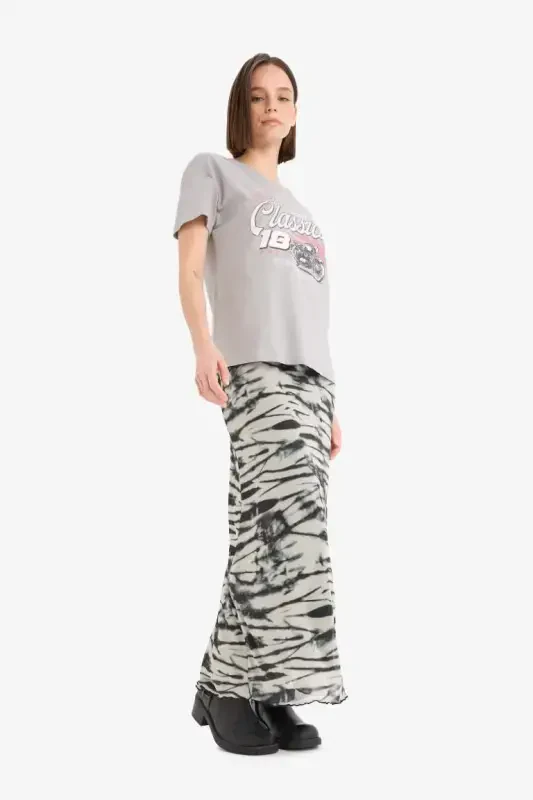 Coool A Kesim Desenli Yüksek Bel Penye Astar Tül Maxi Etek-Siyah - 4