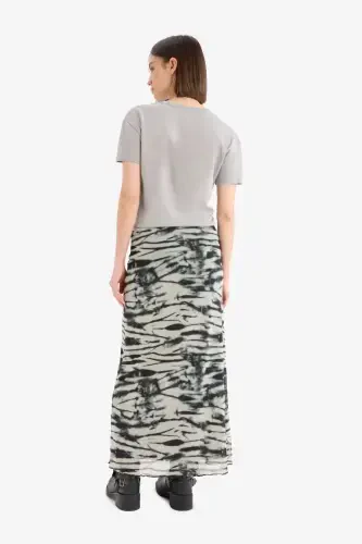 Coool A Kesim Desenli Yüksek Bel Penye Astar Tül Maxi Etek-Siyah - 7