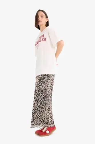 Coool A Kesimli leopard naqshli baland belli trikotaj astarli tyul maxi yubka - Bej 