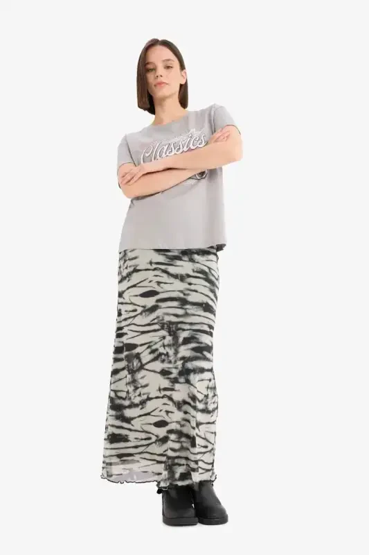 Coool A Kesimli naqshli yuqori belli penye astarli tul maxi yubka - qora - 2