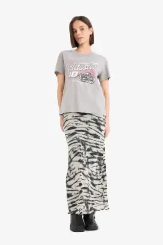 Coool A Kesimli naqshli yuqori belli penye astarli tul maxi yubka - qora - 3