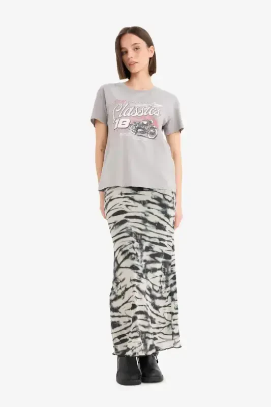 Coool A Kesimli naqshli yuqori belli penye astarli tul maxi yubka - qora - 3