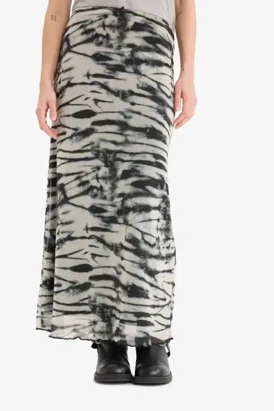 Coool A Kesimli naqshli yuqori belli penye astarli tul maxi yubka - qora - 5