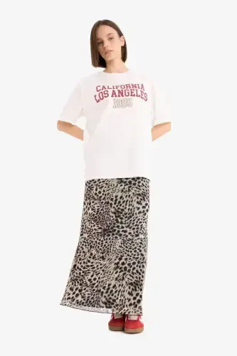 Coool A-Line Leopard Print High Waist Jersey Lined Tulle Maxi Skirt-Beige - 3