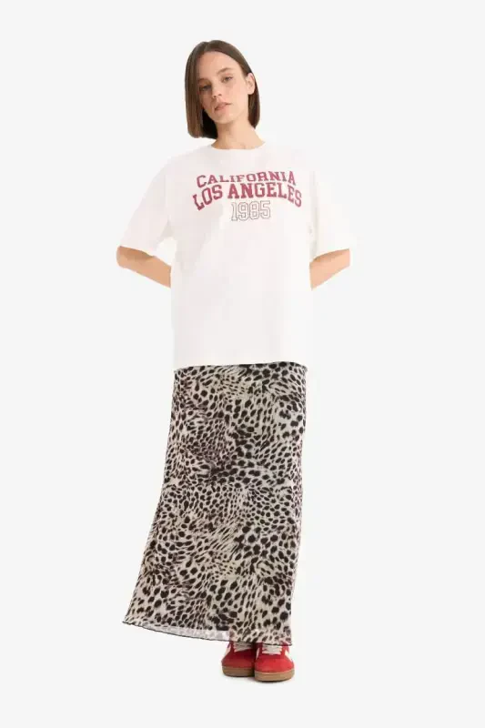 Coool A-Line Leopard Print High Waist Jersey Lined Tulle Maxi Skirt-Beige - 3