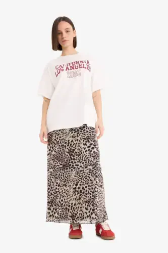 Coool A-Line Leopard Print High Waist Jersey Lined Tulle Maxi Skirt-Beige - 4