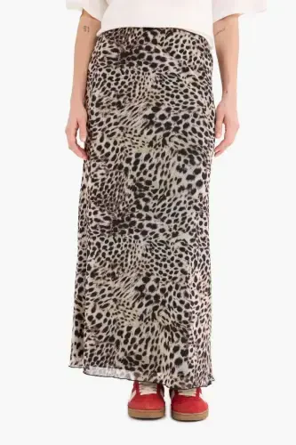 Coool A-Line Leopard Print High Waist Jersey Lined Tulle Maxi Skirt-Beige - 5