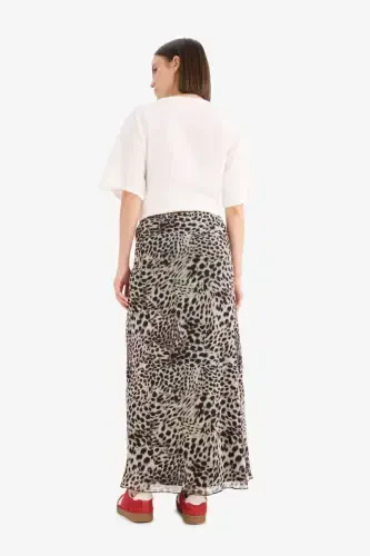 Coool A-Line Leopard Print High Waist Jersey Lined Tulle Maxi Skirt-Beige - 7
