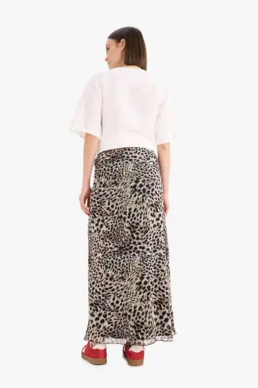 Coool A-Line Leopard Print High Waist Jersey Lined Tulle Maxi Skirt-Beige - 7