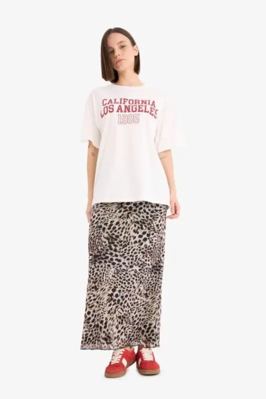 Coool A-Line Leopard Print High Waist Jersey Lined Tulle Maxi Skirt-Beige - 2