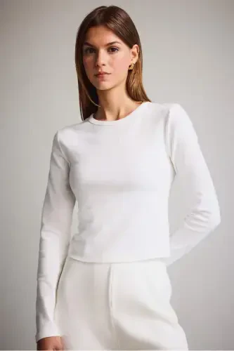 Coool Fitted Basic Düz Ribana Uzun Kollu Beyaz Tişört-Kırık Beyaz 