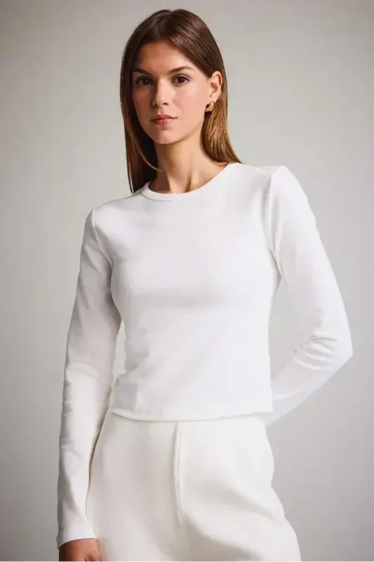 Coool Fitted Basic Düz Ribana Uzun Kollu Beyaz Tişört-Kırık Beyaz - 1