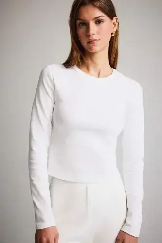 Coool Fitted Basic Düz Ribana Uzun Kollu Beyaz Tişört-Kırık Beyaz - 3