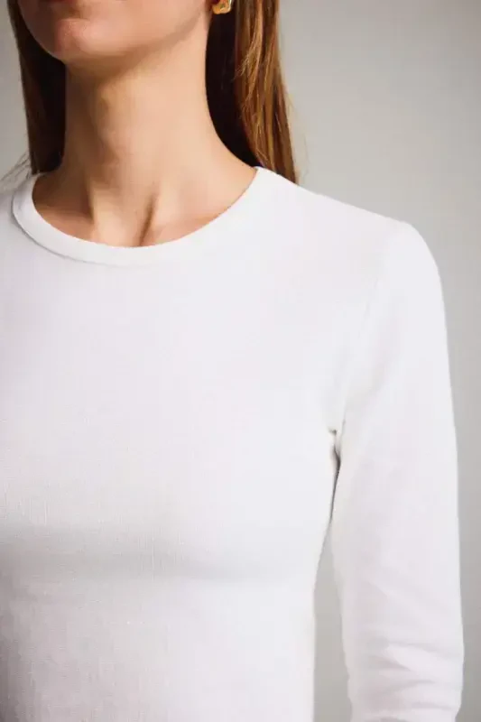 Coool Fitted Basic Düz Ribana Uzun Kollu Beyaz Tişört-Kırık Beyaz - 5