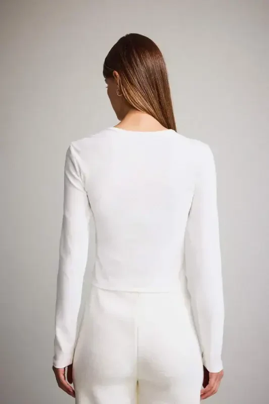 Coool Fitted Basic Düz Ribana Uzun Kollu Beyaz Tişört-Kırık Beyaz - 6