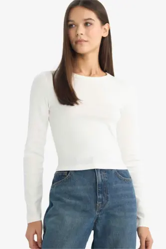 Coool Fitted Basic Düz Ribana Uzun Kollu Beyaz Tişört-Kırık Beyaz - 1