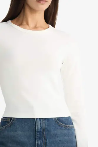 Coool Fitted Basic Düz Ribana Uzun Kollu Beyaz Tişört-Kırık Beyaz - 4