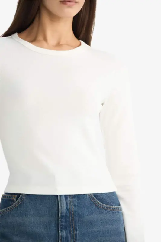 Coool Fitted Basic Düz Ribana Uzun Kollu Beyaz Tişört-Kırık Beyaz - 4