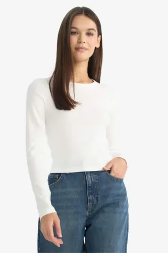 Fitted Basic Düz Ribana Uzun Kollu Beyaz Tişört-Kırık Beyaz - 3