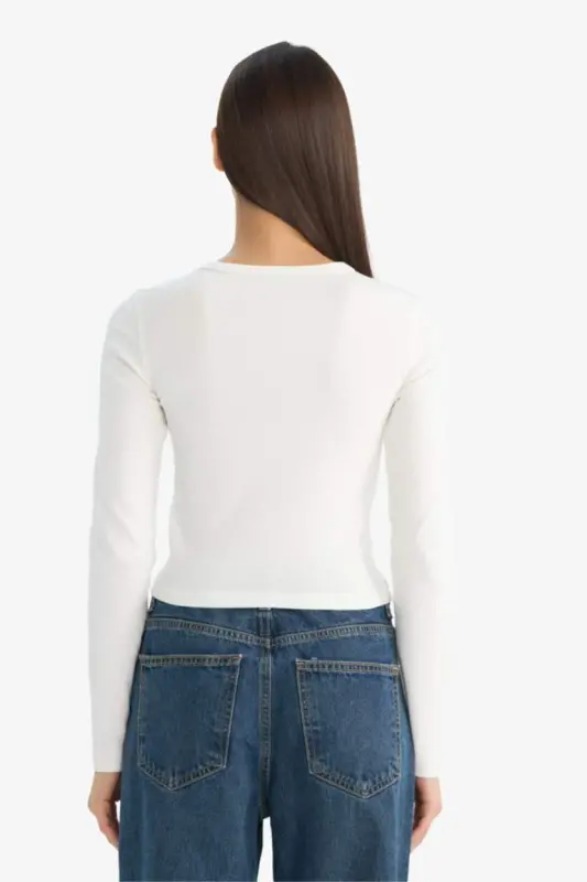 Fitted Basic Düz Ribana Uzun Kollu Beyaz Tişört-Kırık Beyaz - 5