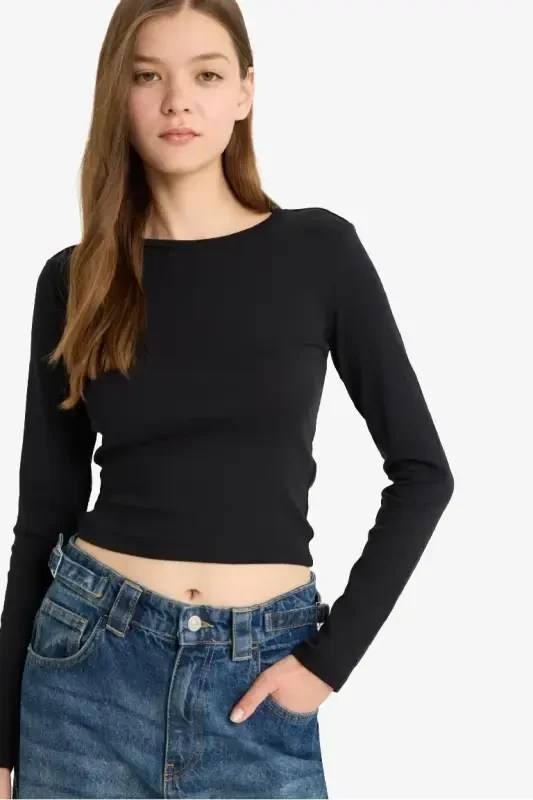 Coool Fitted Basic Düz Ribana Uzun Kollu Tişört-Siyah - 1