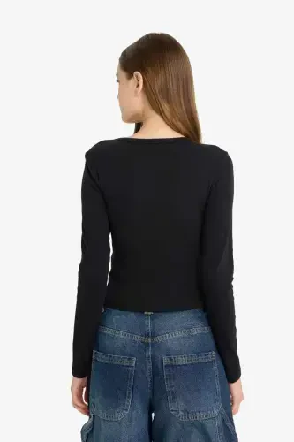 Coool Fitted Basic Düz Ribana Uzun Kollu Tişört-Siyah - 6