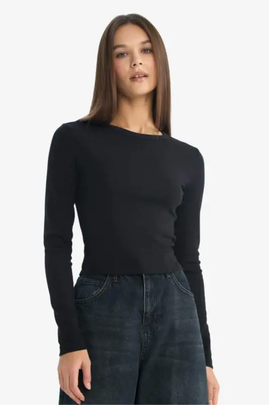 Coool Fitted Basic Düz Ribana Uzun Kollu Tişört-Siyah - 3