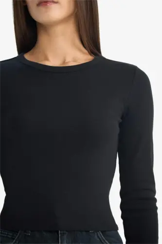 Coool Fitted Basic Düz Ribana Uzun Kollu Tişört-Siyah - 4