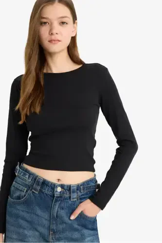 Coool Fitted Basic Düz Ribana Uzun Kollu Tişört-Siyah 