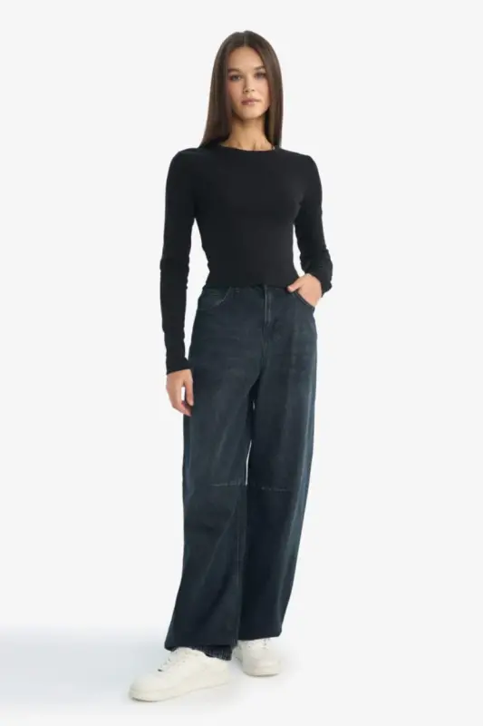 Coool Fitted Basic Düz Ribana Uzun Kollu Tişört-Siyah - 2