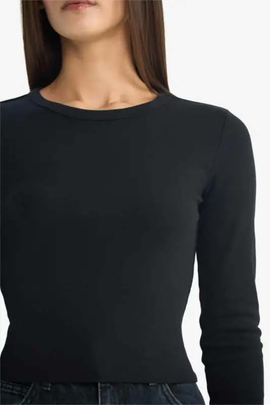 Coool Fitted Basic Düz Ribana Uzun Kollu Tişört-Siyah - 4