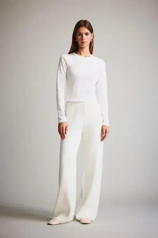 Coool Fitted Basic Прямой Рубчик Лонгслив Белая Футболка - Сломанный Белый - 2