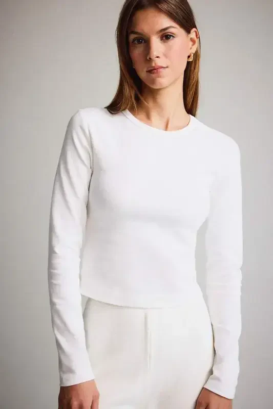 Coool Fitted Basic Прямой Рубчик Лонгслив Белая Футболка - Сломанный Белый - 3