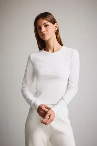 Coool Fitted Basic Прямой Рубчик Лонгслив Белая Футболка - Сломанный Белый - 4