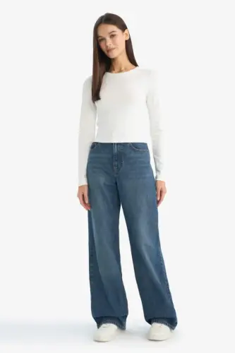 Coool Fitted Basic Прямой Рубчик Лонгслив Белая Футболка - Сломанный Белый - 2