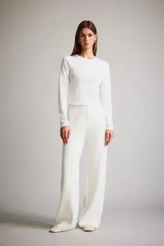 Coool Fitted Basic tekis Ribana uzun yengli oq futbolka - sindirilgan oq - DEFACTO (1)