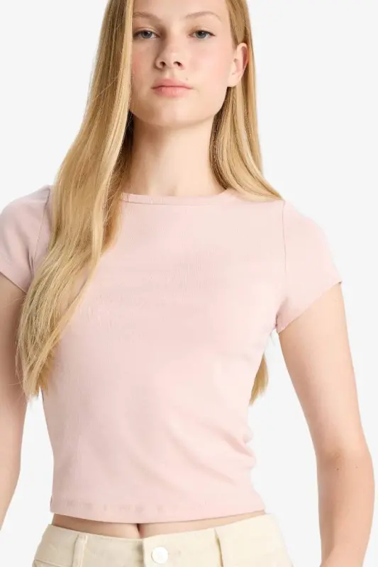 Fitted Bisiklet Yaka Ribana Kısa Kollu Tişört-Gülkurusu - 1