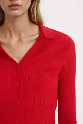 Coool Fitted Bürümcük Uzun Kollu Gömlek-Kırmızı - 5