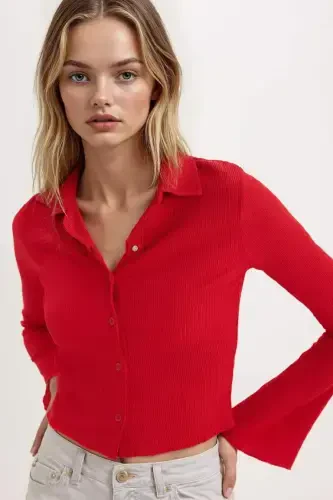 Fitted Basic Düz Bürümcük Uzun Kollu Crop Gömlek-Kırmızı - 1