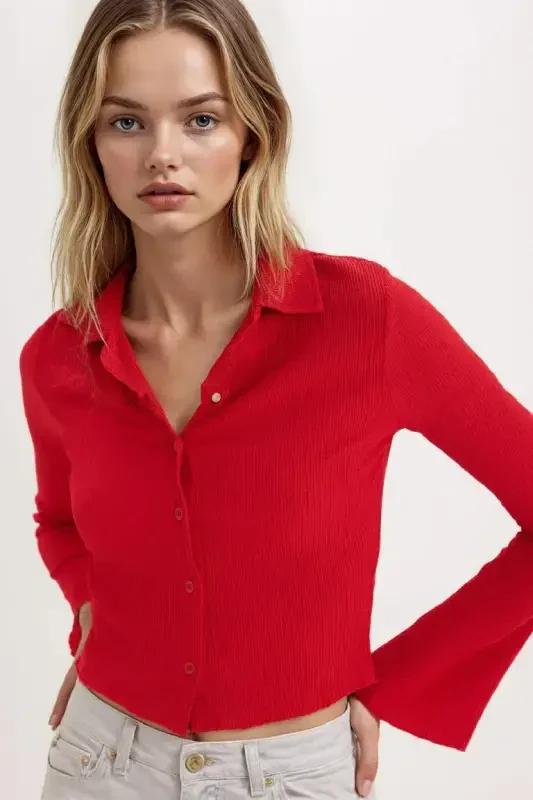 Fitted Basic Düz Bürümcük Uzun Kollu Crop Gömlek-Kırmızı - 1