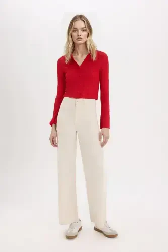 Fitted Basic Düz Bürümcük Uzun Kollu Crop Gömlek-Kırmızı - DEFACTO (1)