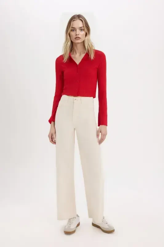 Fitted Basic Düz Bürümcük Uzun Kollu Crop Gömlek-Kırmızı - 2