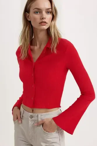 Fitted Basic Düz Bürümcük Uzun Kollu Crop Gömlek-Kırmızı - 3
