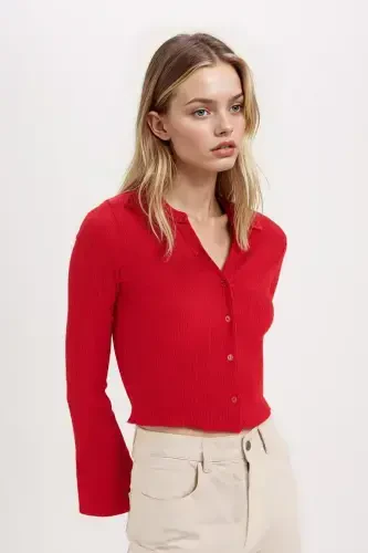 Fitted Basic Düz Bürümcük Uzun Kollu Crop Gömlek-Kırmızı - 4