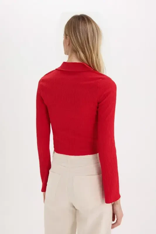 Fitted Basic Düz Bürümcük Uzun Kollu Crop Gömlek-Kırmızı - 6