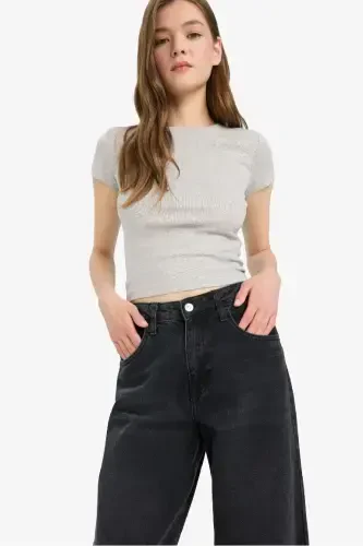 Coool Fitted Crew Neck Ribbed Short Sleeve T-Shirt-Grey Melange - DEFACTO (1)